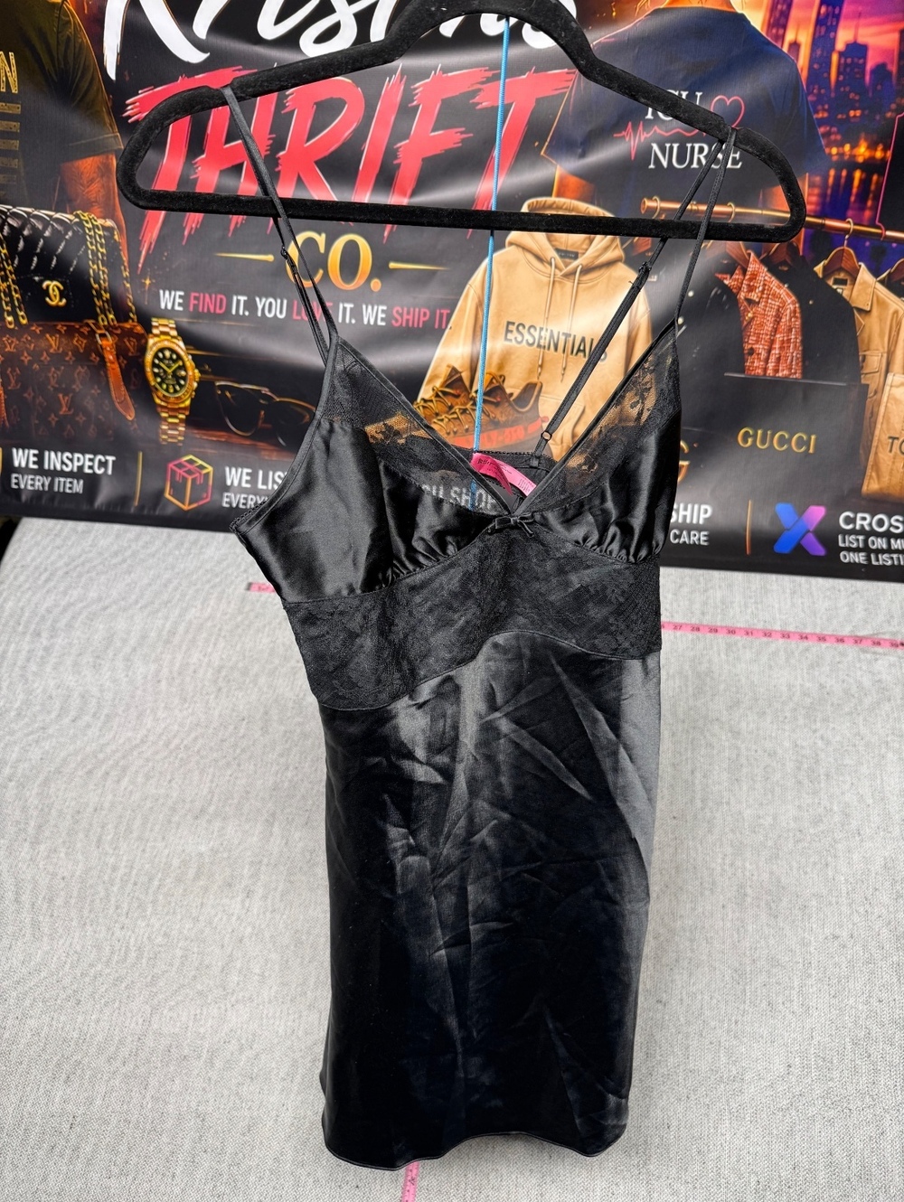 Betsey Johnson Black Satin and Lace Slip Dress Medium
